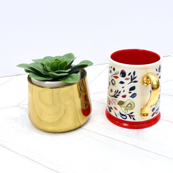 NEW! Anthropologie Mug STARLA HALFMANN Stoneware MOORELAND PEACOCK Red 12 oz - Picture 3 of 6